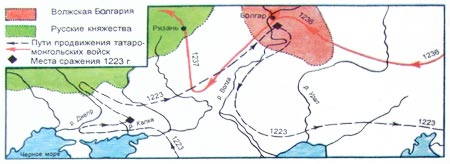 Схематическая карта наступлений татаро-монголов.